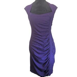 Vintage Caché Purple Ruched Square Neck Bodycon Midi Dress 8
